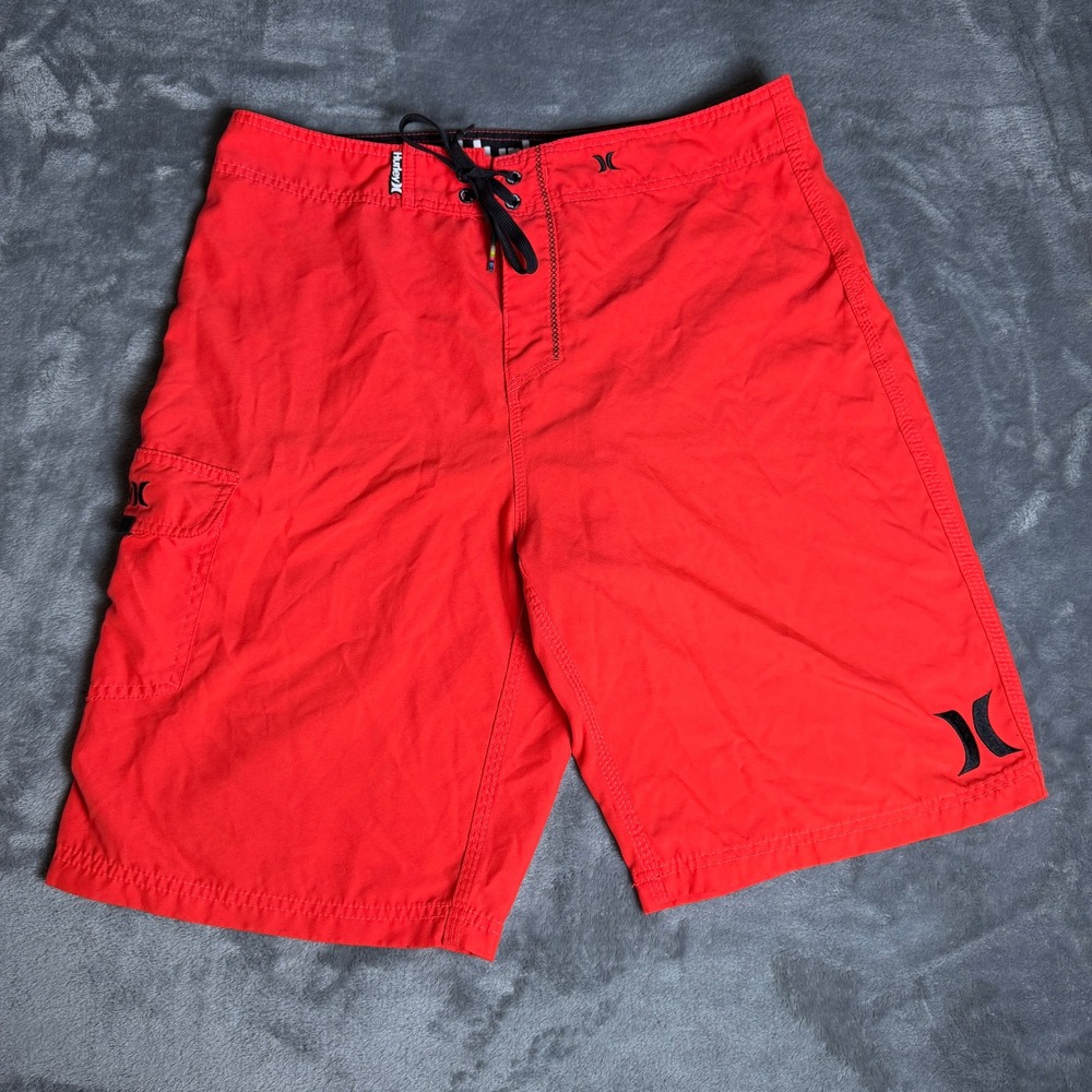 Hurley Mens SZ 32 Board Shorts Orange‎ Cargo Pocket Swim Trunks
